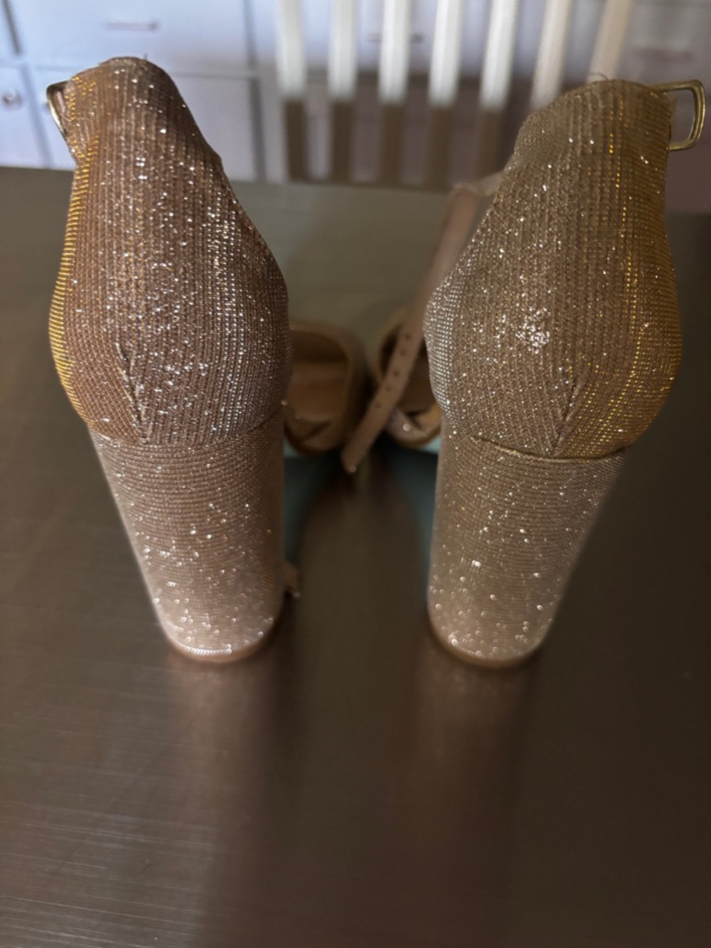 Betsey Johnson Gold Glitter Champagne Sparkle Block Heel Sandal Heels